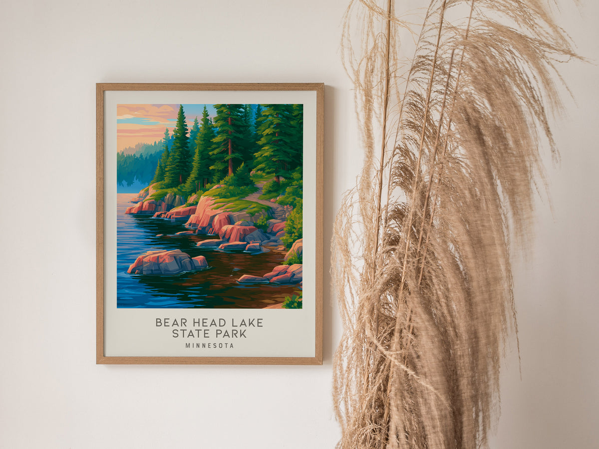 Bear Head Lake State Park Matte Border Poster | Minnesota Destination Print Travel Wall Art — styled in a modern interior