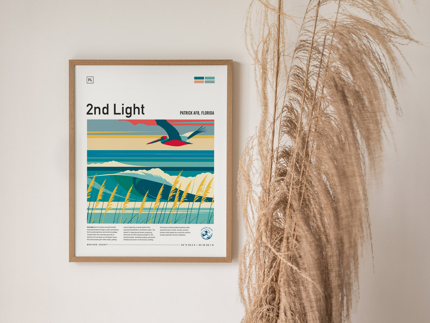 2nd Light, Florida Poster | Golden Surf Break Sunrise Wall Art — styled in a modern interior