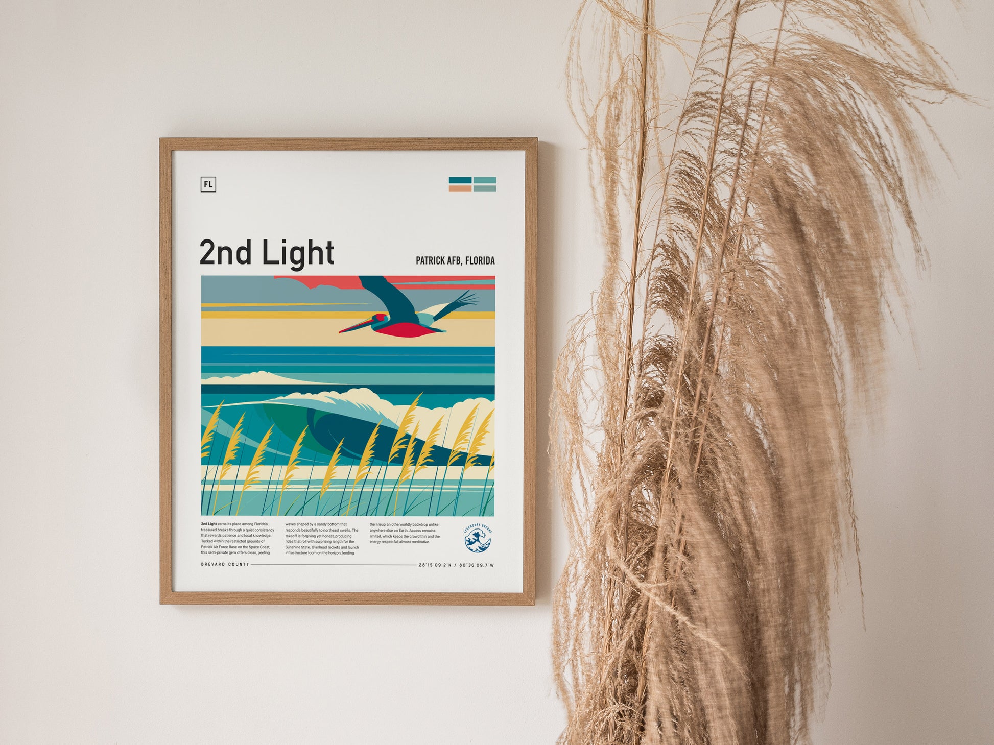 2nd Light, Florida Poster | Golden Surf Break Sunrise Wall Art — styled in a modern interior
