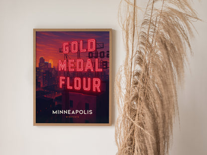 Minneapolis Poster | Gold Medal Flour Sign Night Skyline Art