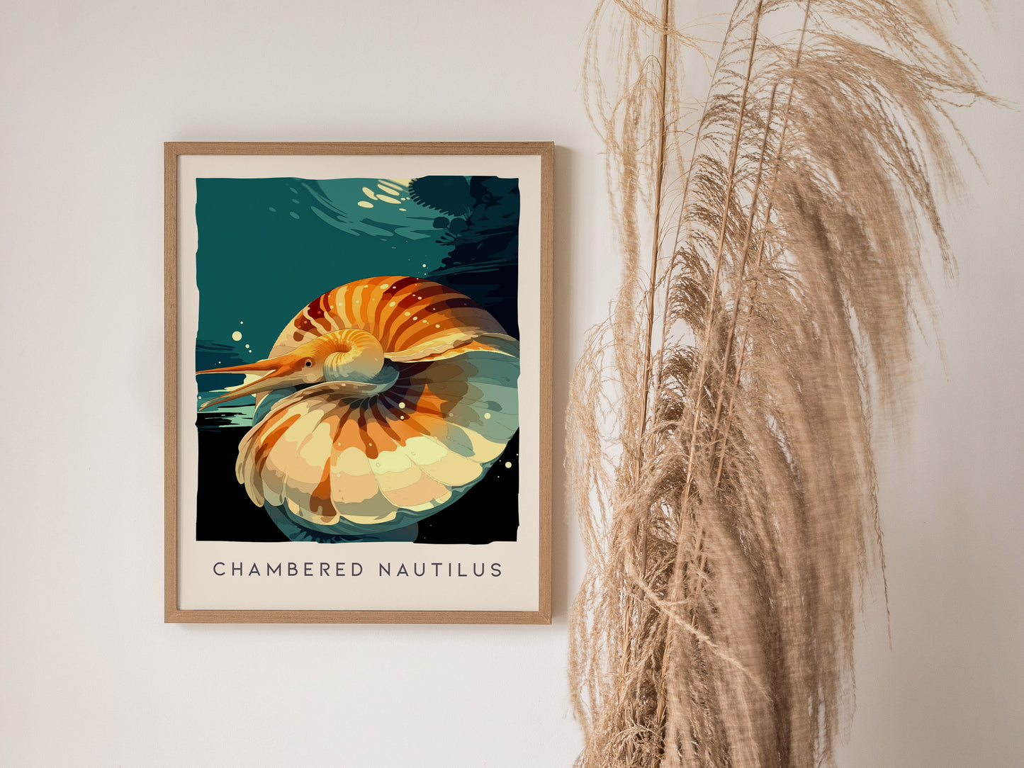 Chambered Nautilus Poster | Golden Spiral Shell Wildlife Wall Art — styled in a modern interior