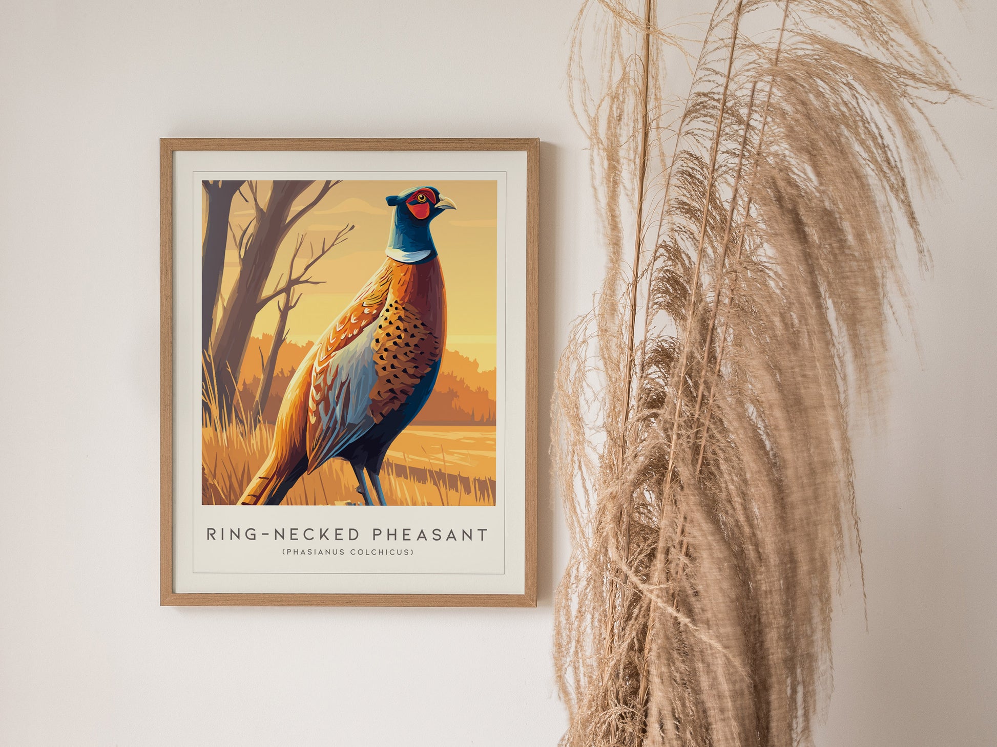 Ring-necked Pheasant Poster | Vibrant Gamebird Wildlife Art Wall Art — styled in a modern interior