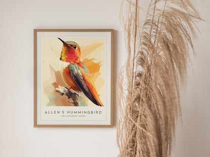 Allen's Hummingbird Poster | Jeweled Garden Pollinator Fine Wall Art — styled in a modern interior