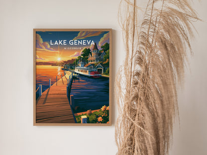 Lake Geneva, Wisconsin Poster | Lakeside Charm Destination Print Wall Art — styled in a modern interior