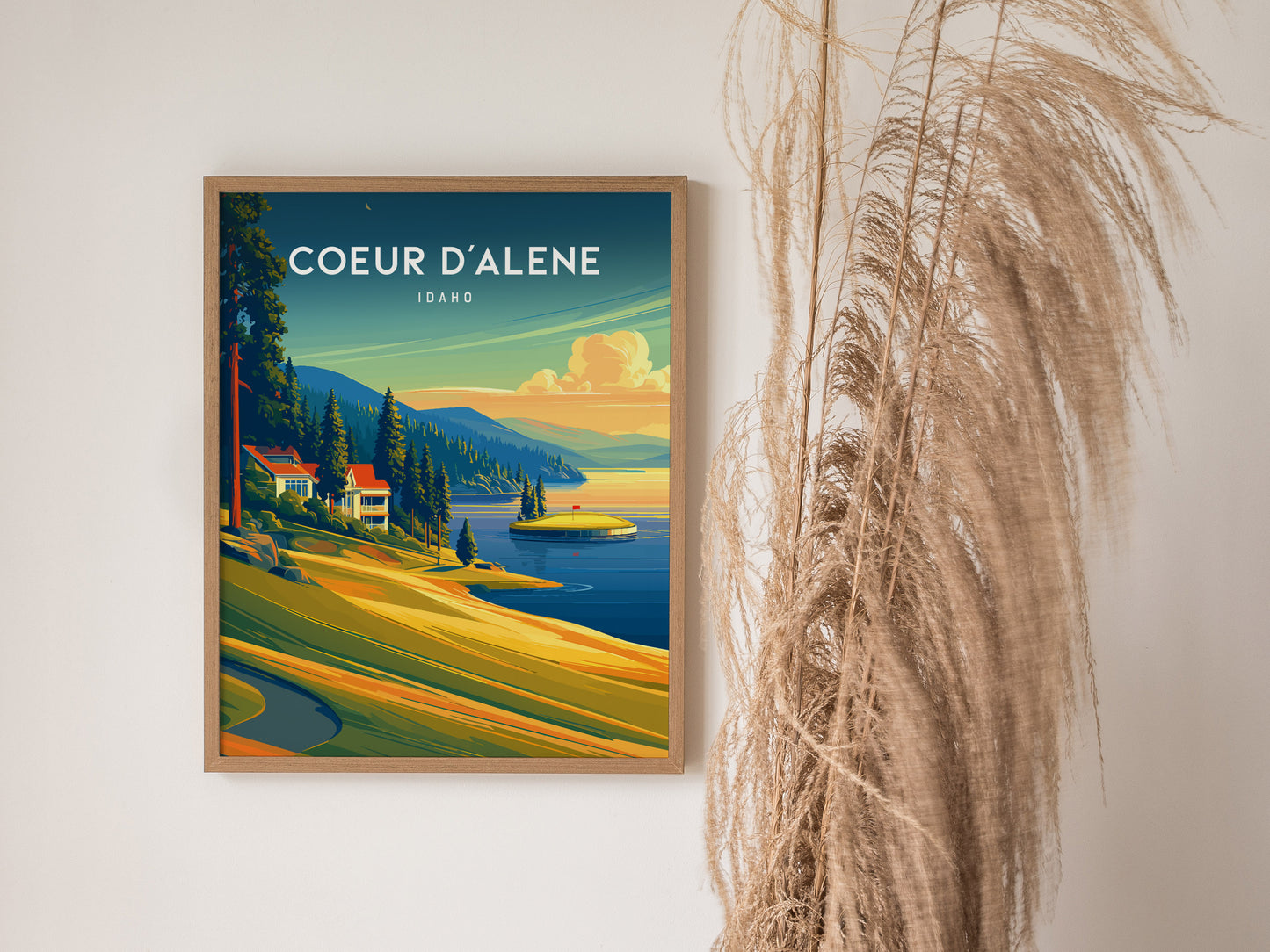 Coeur d'Alene Resort, Idaho Poster | Lakeside Golf Course Scenic Wall Art — styled in a modern interior