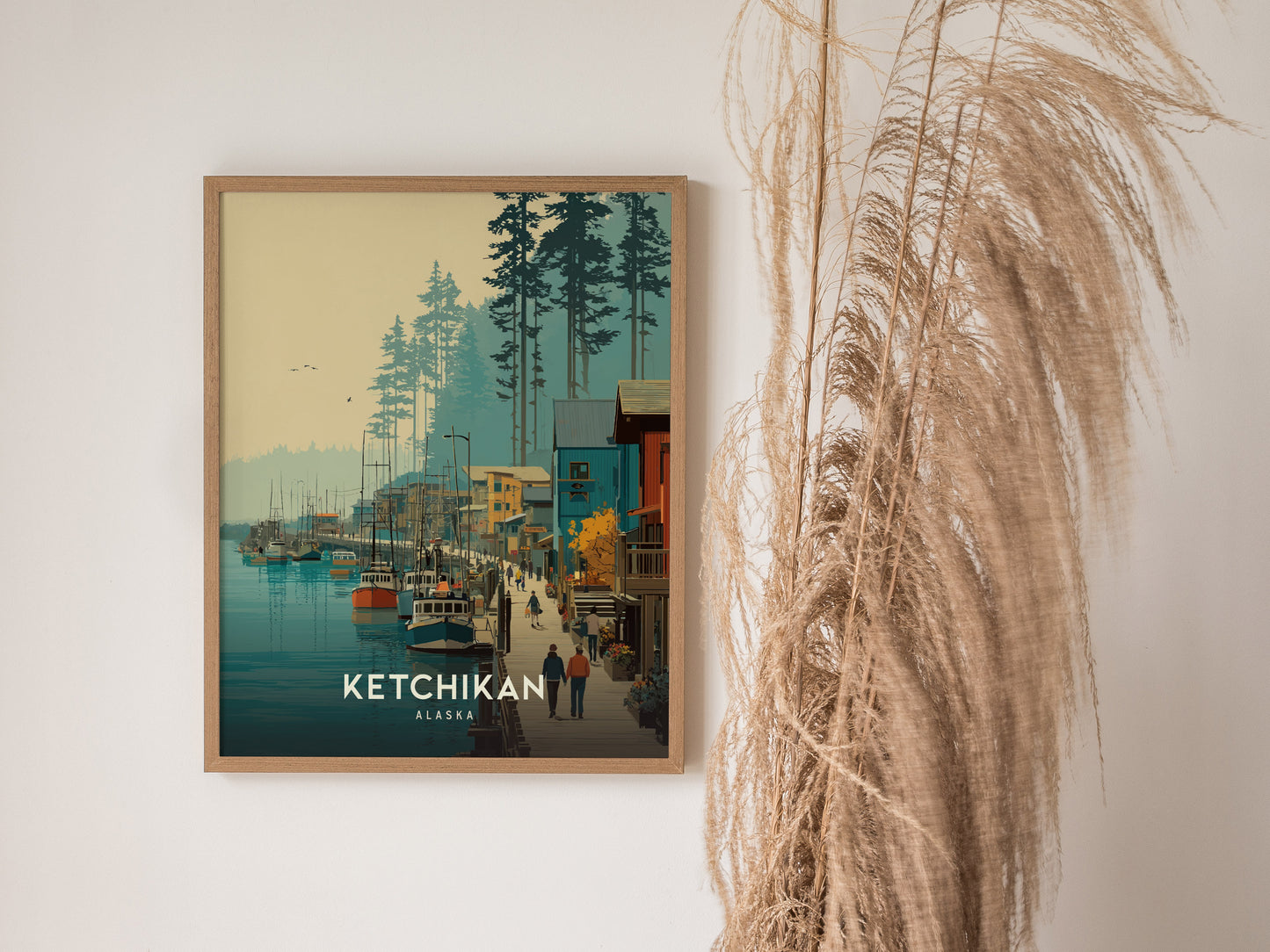Scenic Ketchikan, Alaska waterfront with colorful buildings, boats, and a vibrant boardwalk, perfect travel art for coastal decor.