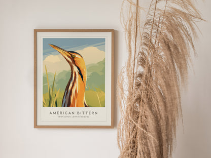 American Bittern Poster | Marshland Heron Wildlife Wall Art — styled in a modern interior