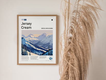 Jersey Cream, Whistler, British Columbia Poster | Alpine Print Ski Lodge Decor Wall Art — styled in a modern interior