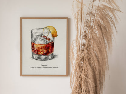 Negroni Poster | Vintage Cocktail Scientific Illustration Wall Art — styled in a modern interior