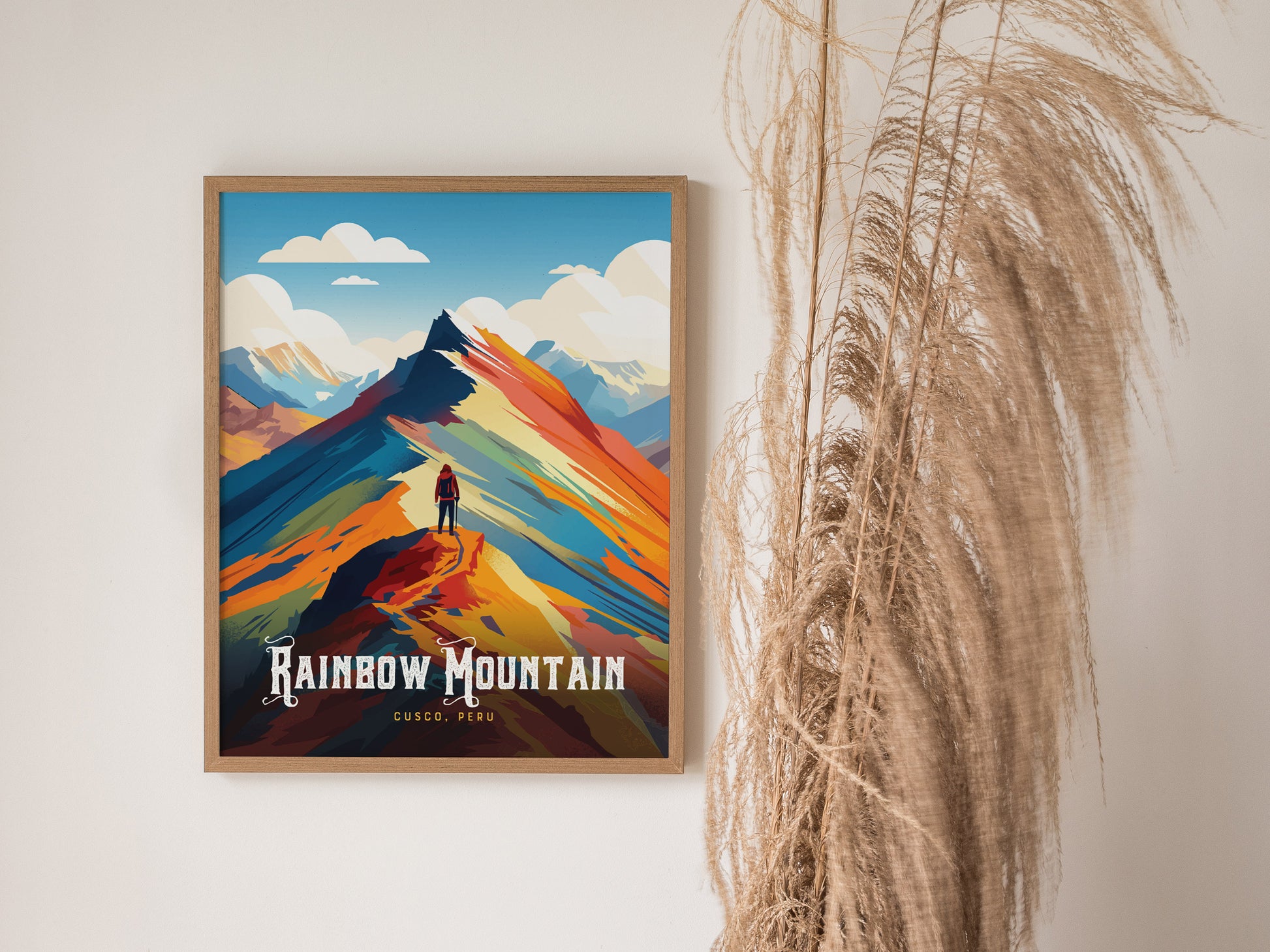 Framed Rainbow Mountain Peru poster featuring a hiker on a ridge, vibrant colors of blue, orange, and red capturing travel art essence.
