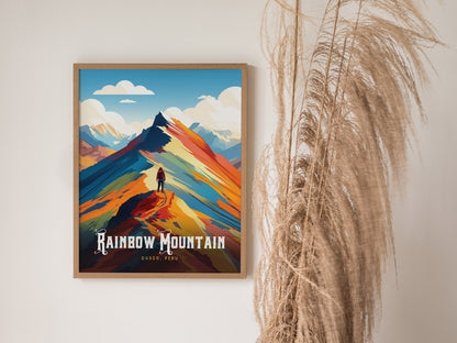 Framed Rainbow Mountain Peru poster featuring a hiker on a ridge, vibrant colors of blue, orange, and red capturing travel art essence.