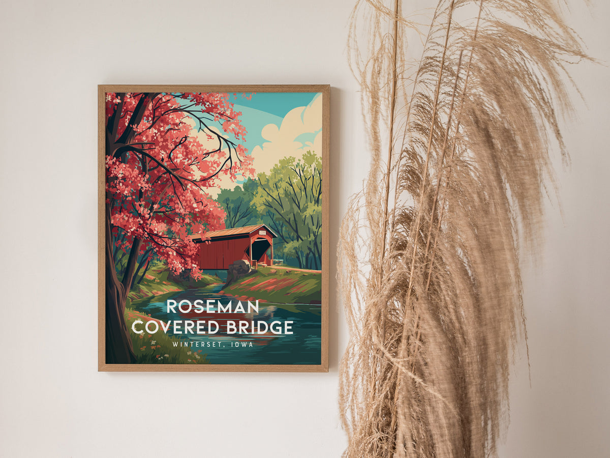 Roseman Covered Bridge, Winterset, Iowa Poster | Historic Charm Framed or Unframed Wall Art — styled in a modern interior