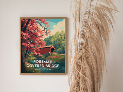 Roseman Covered Bridge, Winterset, Iowa Poster | Historic Charm Framed or Unframed Wall Art — styled in a modern interior