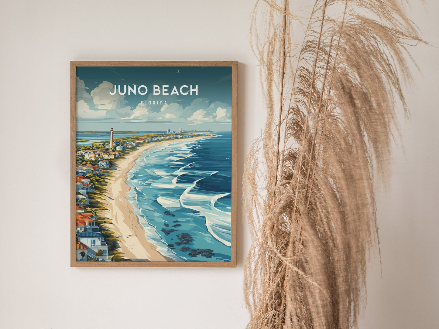 Juno Beach, Florida Poster | Sea Turtle & Sunrise Shoreline Wall Art — styled in a modern interior
