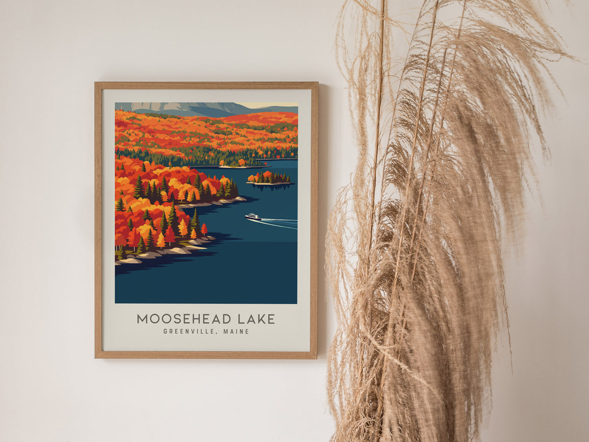 Moosehead Lake Matte Border Poster | Greenville, Maine Destination Print Travel Wall Art — styled in a modern interior
