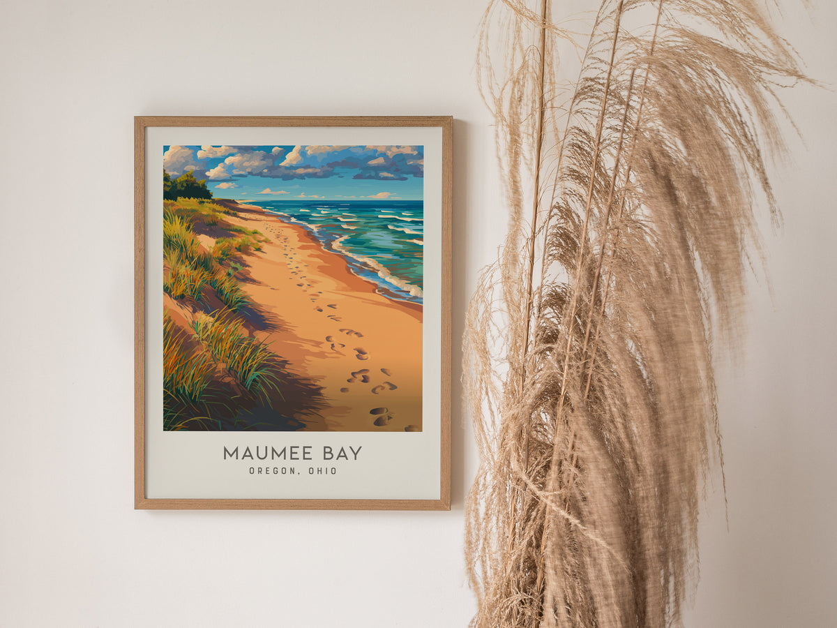 Maumee Bay Matte Border Poster | Oregon, Ohio Coastal Beach Decor Travel Wall Art — styled in a modern interior
