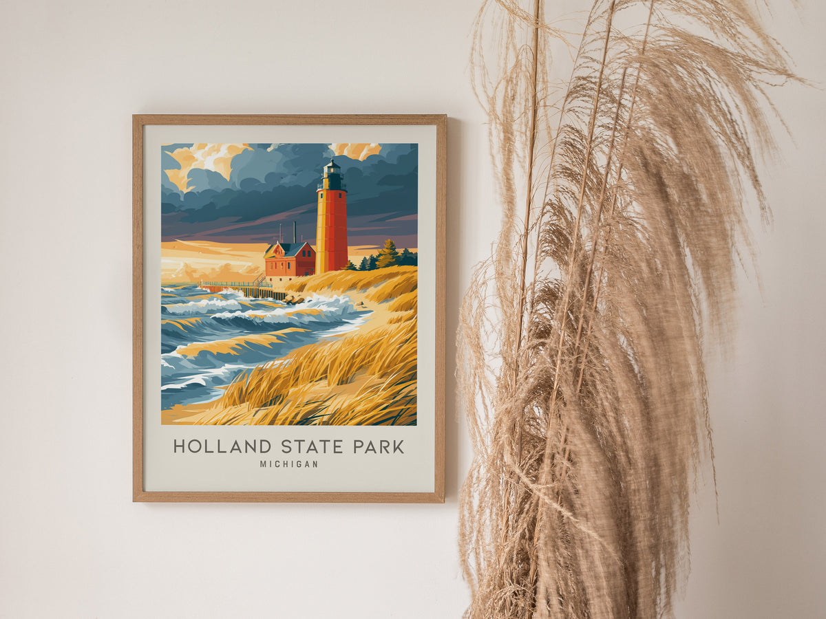 Holland State Park Matte Border Poster | Michigan Travel Wall Art — styled in a modern interior