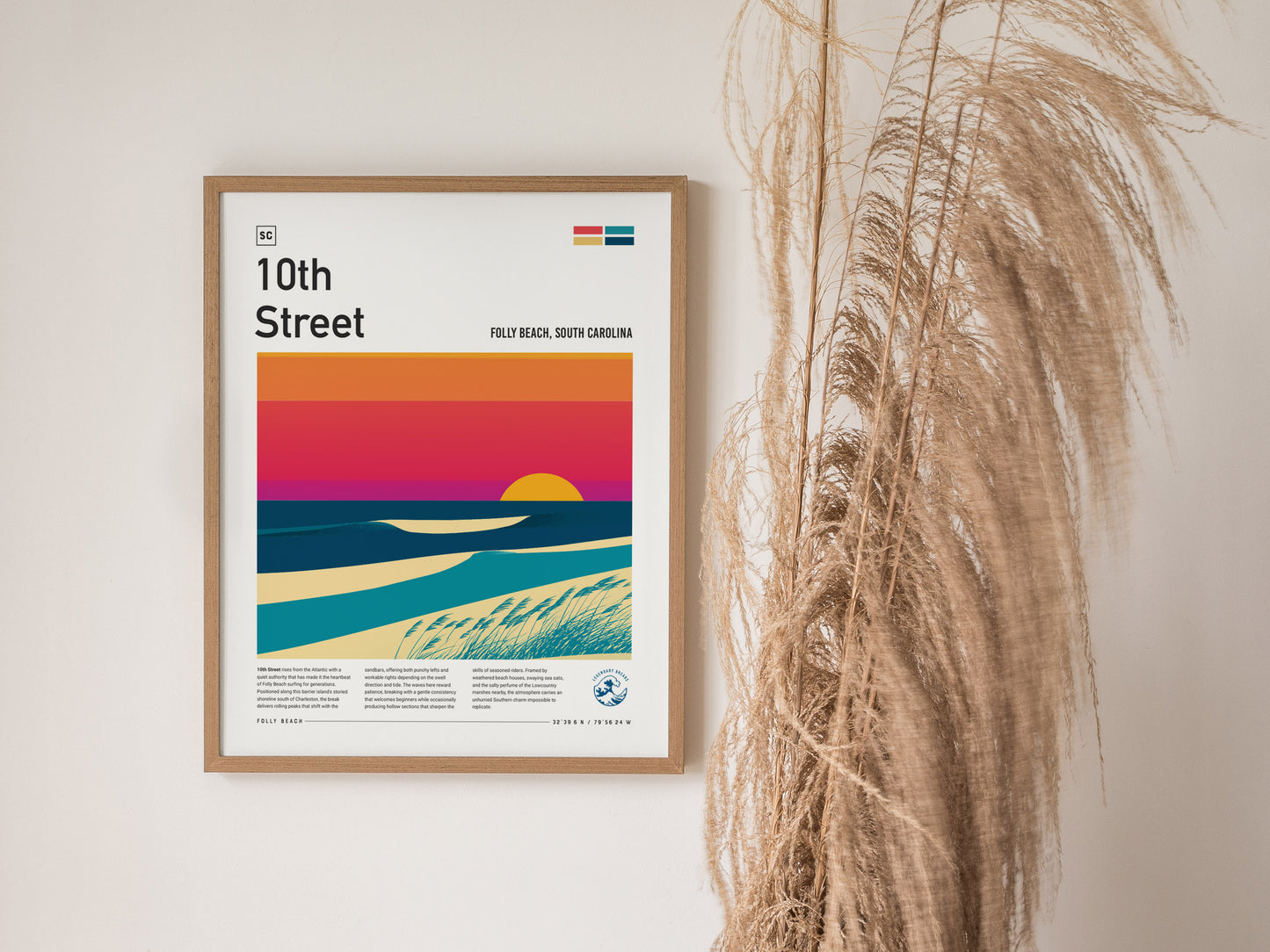 10th Street, Folly Beach, South Carolina Poster | Surf Wall Art & Beach House Decor — styled in a modern interior