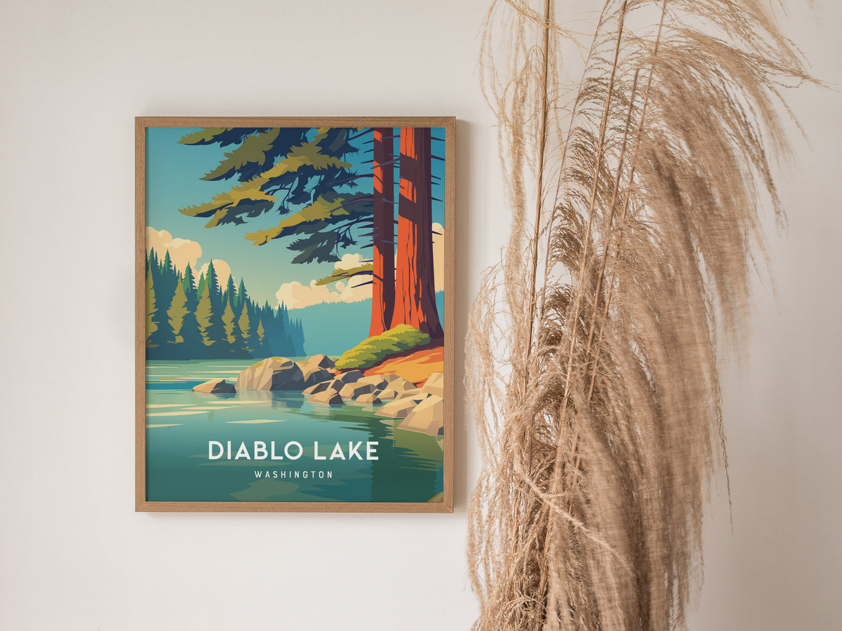 Diablo Lake, Washington Poster | Alpine Wilderness Destination Print Wall Art — styled in a modern interior