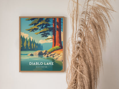 Diablo Lake, Washington Poster | Alpine Wilderness Destination Print Wall Art — styled in a modern interior