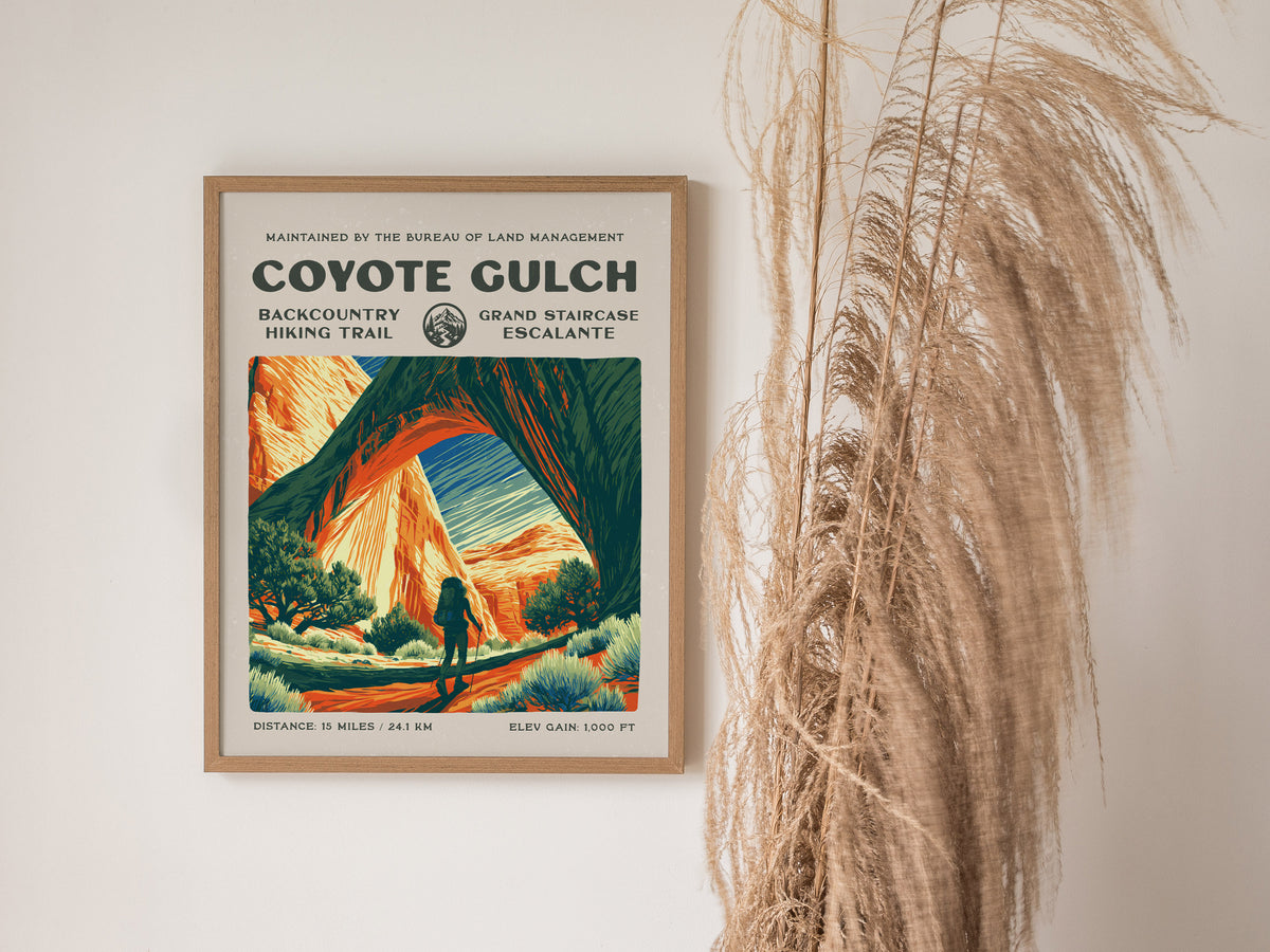 Coyote Gulch, Grand Staircase-Escalante Poster | Hiker Gift | Backcountry Trail Wall Art — styled in a modern interior