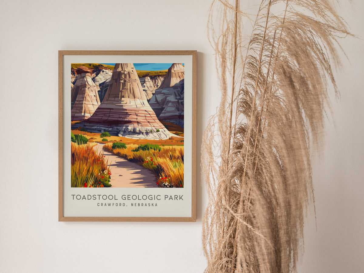Toadstool Geologic Park Matte Border Poster | Crawford, Nebraska Travel Wall Art — styled in a modern interior
