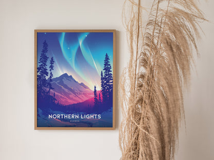 A framed poster of the Northern Lights in Alaska hangs on a wall, depicting vibrant auroras over a mountainous landscape, with dried pampas grass nearby.