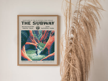 The Subway, Zion National Park Poster | Hiker Gift | Backcountry Canyon Trail Wall Art — styled in a modern interior
