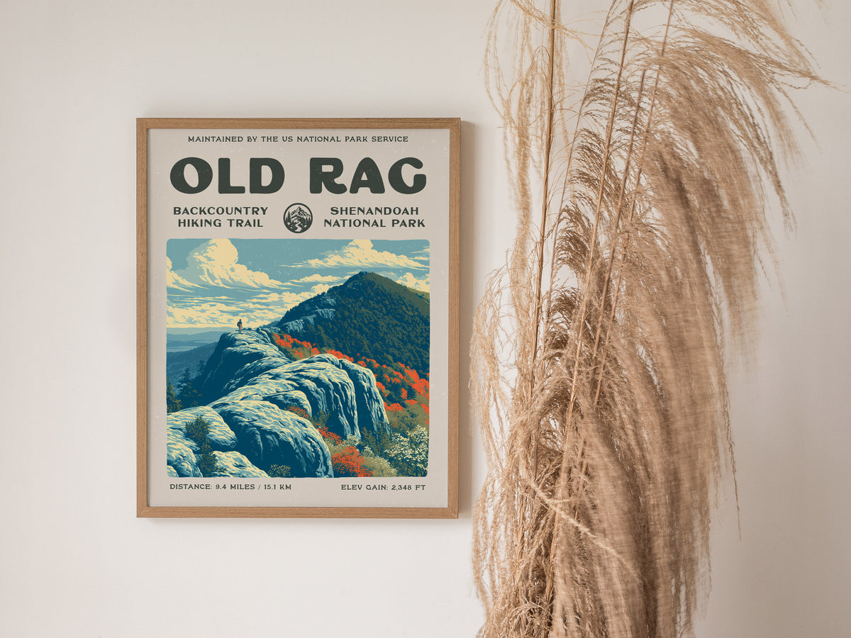 Old Rag, Shenandoah National Park Poster | Hiker Gift | Backcountry Trail Wall Art — styled in a modern interior