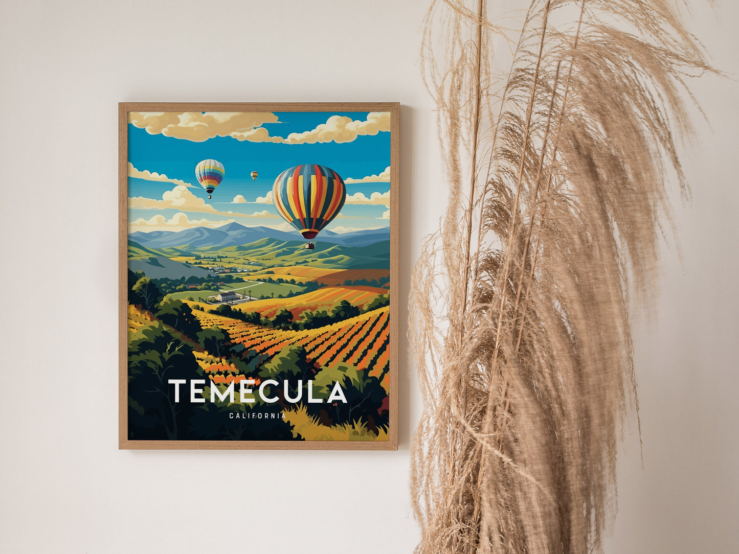 A framed poster of Temecula, California, showcasing vibrant hot air balloons over lush vineyards and rolling hills, is displayed on a wall next to tall, dried grasses.