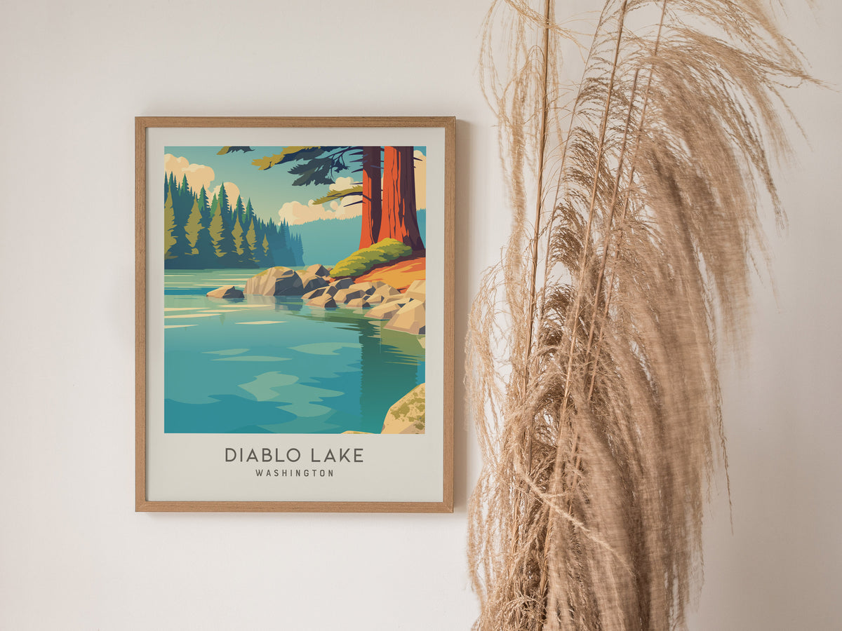 Diablo Lake Matte Border Poster | Washington Travel Wall Art — styled in a modern interior