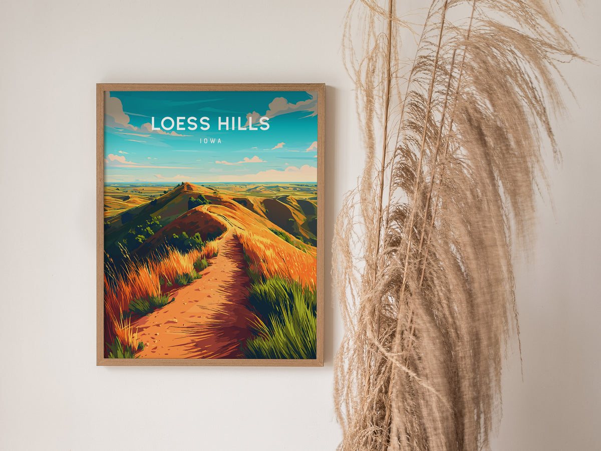 Loess Hills, Iowa Poster | Rolling Prairie Bluffs Destination Print Wall Art — styled in a modern interior