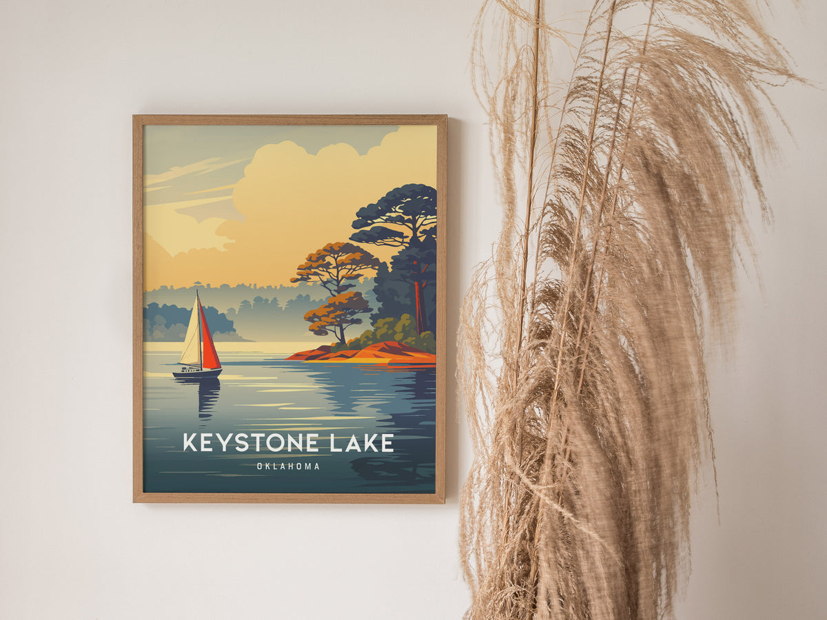 Keystone Lake, Oklahoma Poster | Lakeside Vacation Wall Art — styled in a modern interior