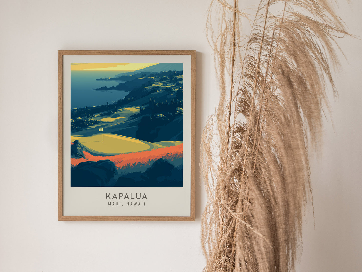 Kapalua Matte Border Poster | Maui, Hawaii Golf Course Print Travel Wall Art — styled in a modern interior