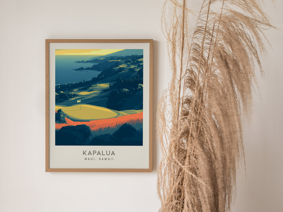 Kapalua Matte Border Poster | Maui, Hawaii Golf Course Print Travel Wall Art — styled in a modern interior