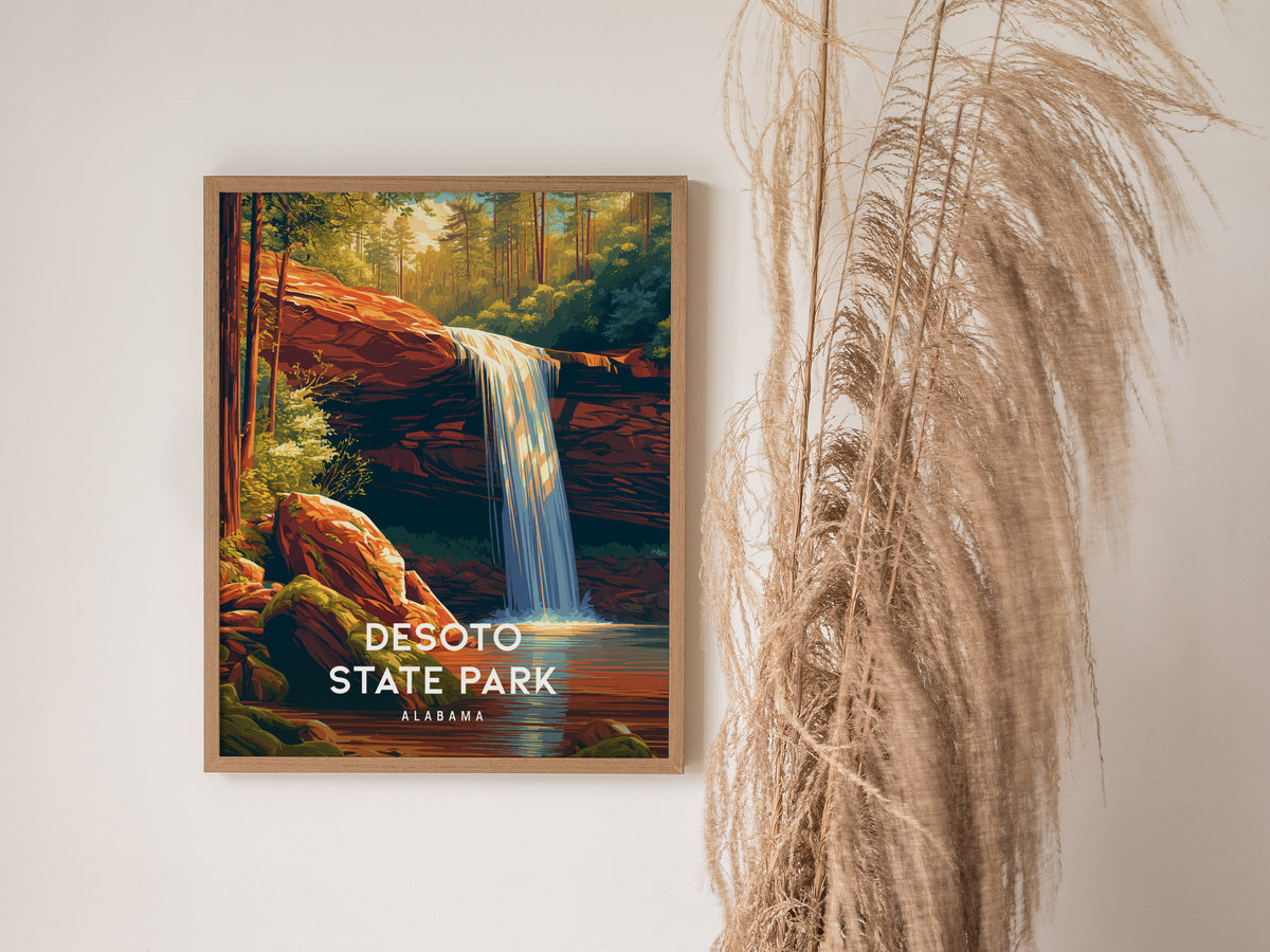 DeSoto State Park, Alabama Poster | Waterfalls & Woodland Trail Wall Art — styled in a modern interior