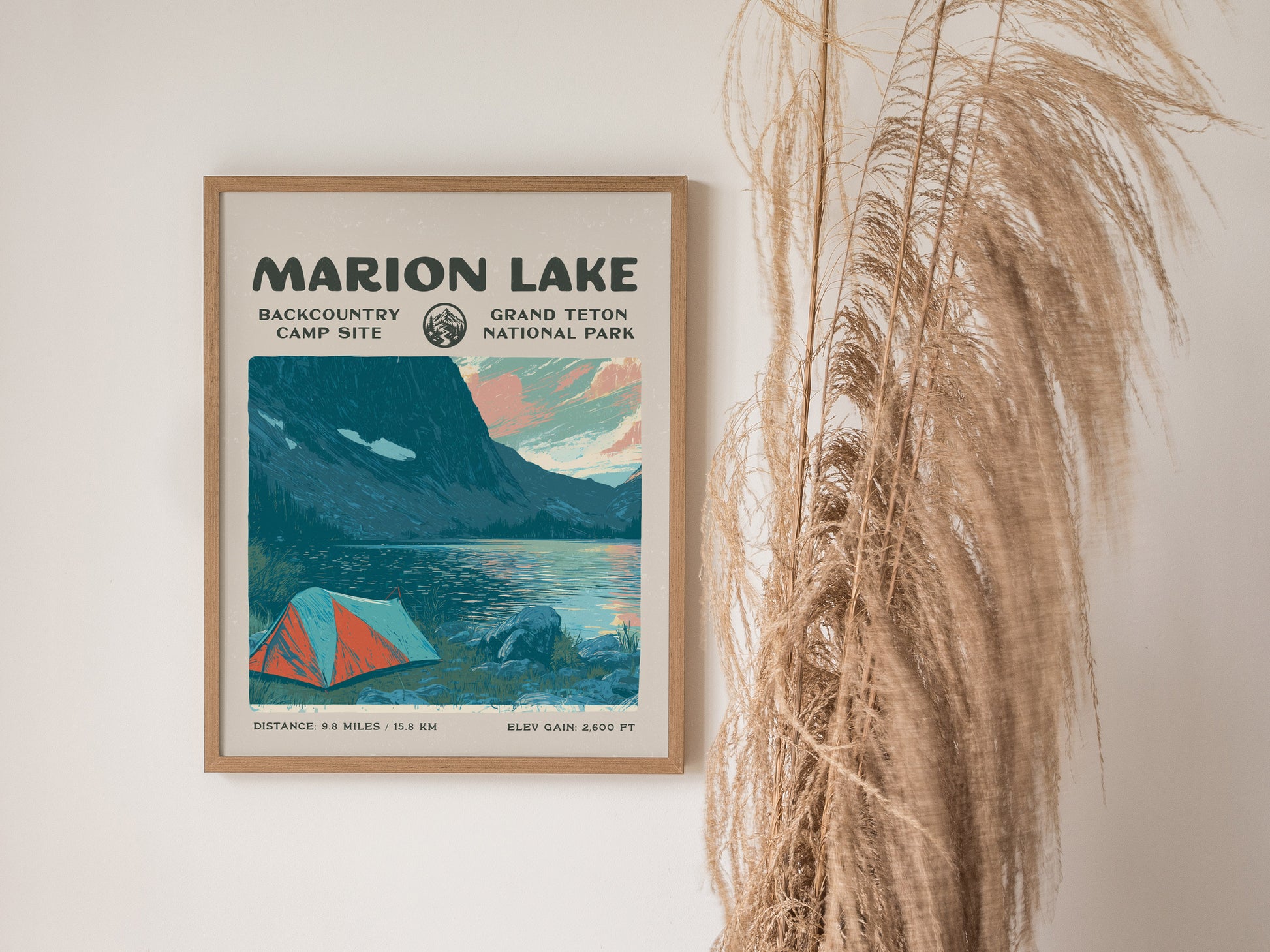 Marion Lake, Grand Teton Poster | Hiker Gift | Alpine Wilderness Backcountry Wall Art — styled in a modern interior