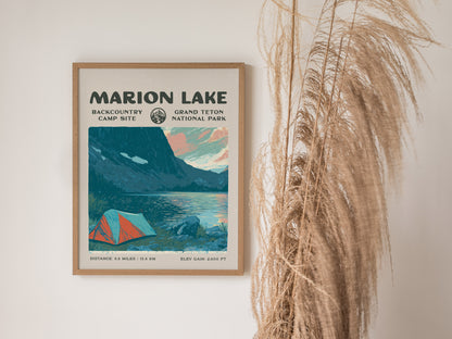Marion Lake, Grand Teton Poster | Hiker Gift | Alpine Wilderness Backcountry Wall Art — styled in a modern interior