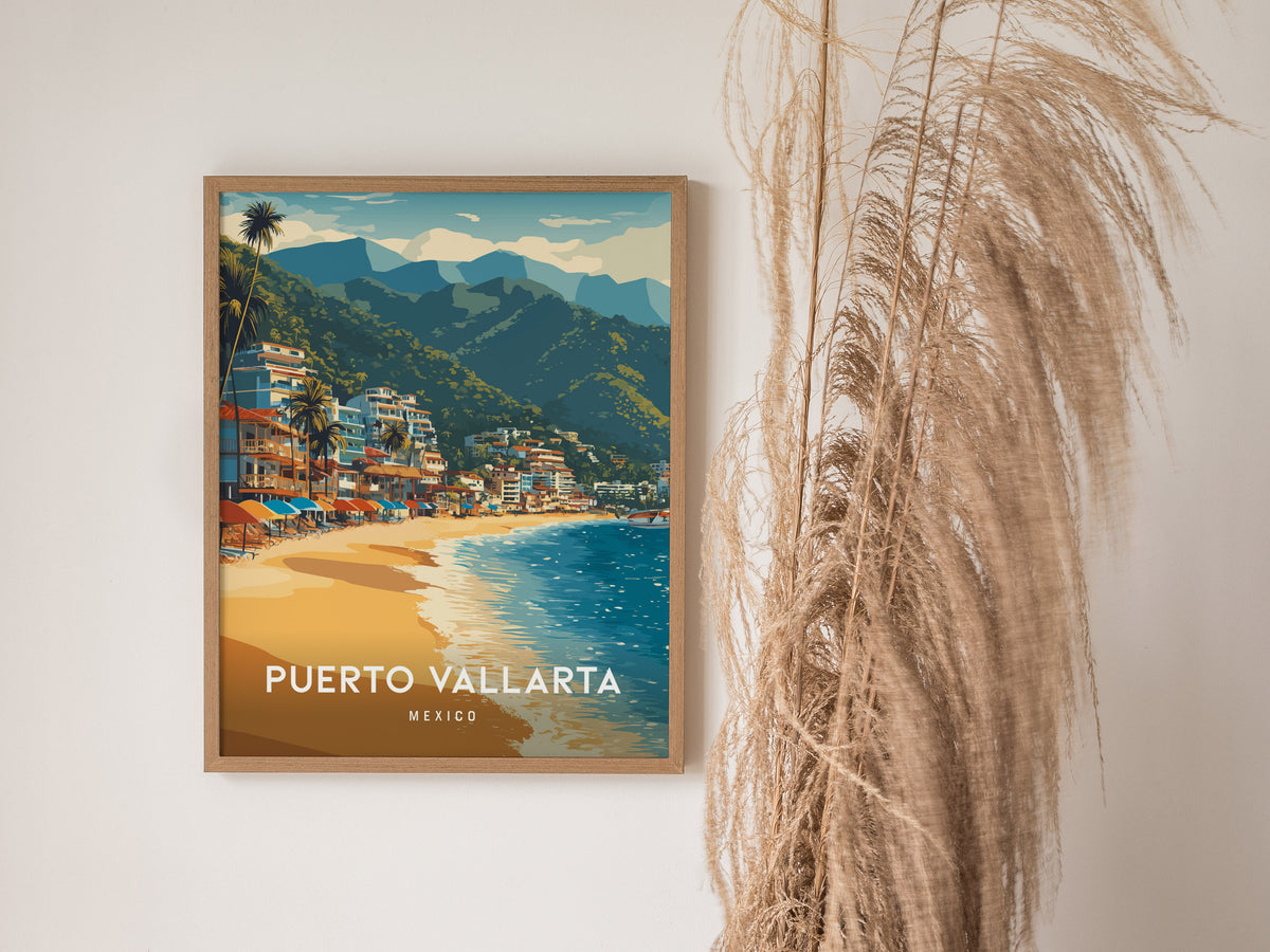 Puerto Vallarta, Mexico Poster | Tropical Beach Print Coastal Wall Art — styled in a modern interior
