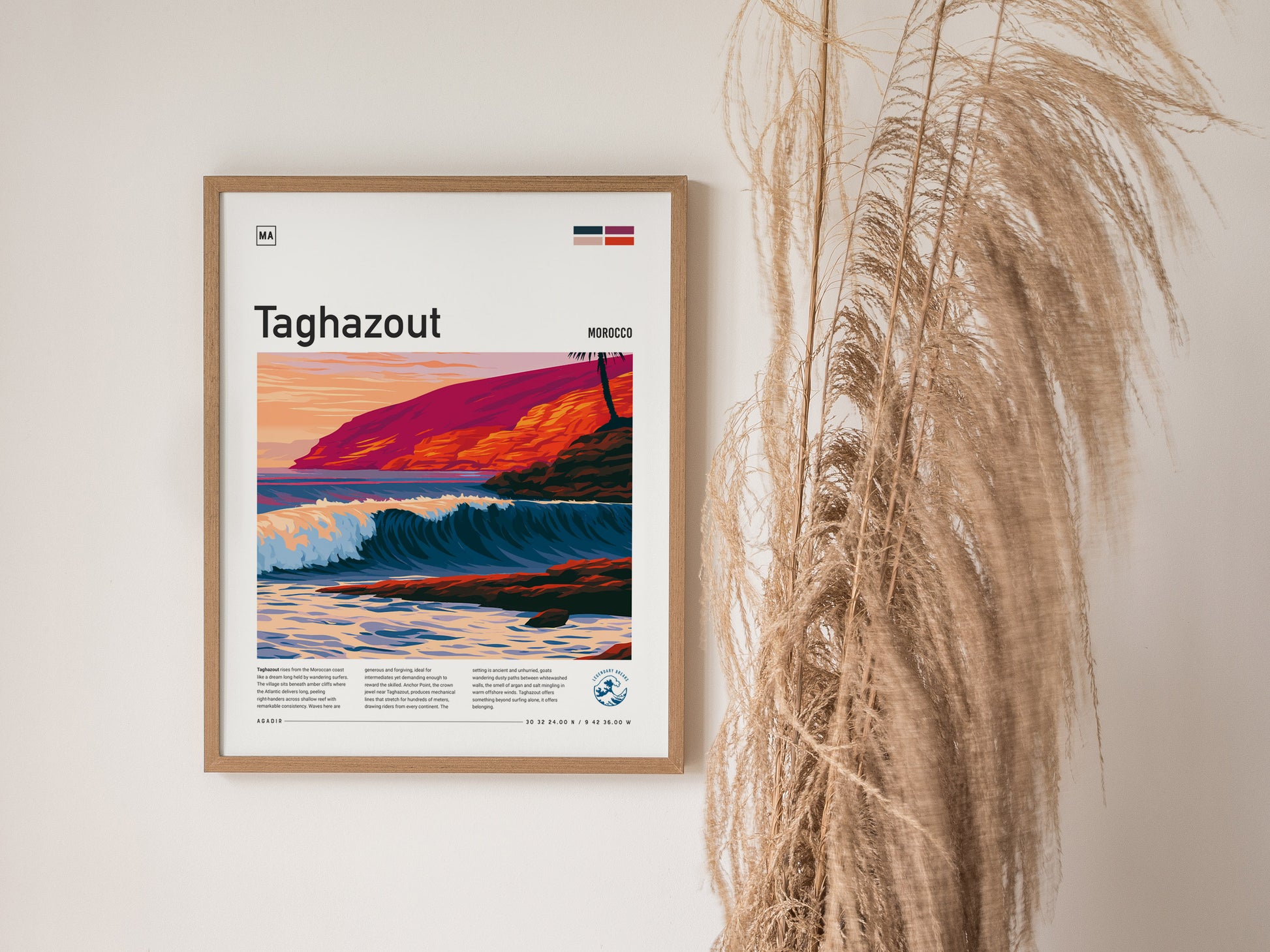 Taghazout, Morocco Poster | Sun-Kissed Surf Village Wall Art — styled in a modern interior