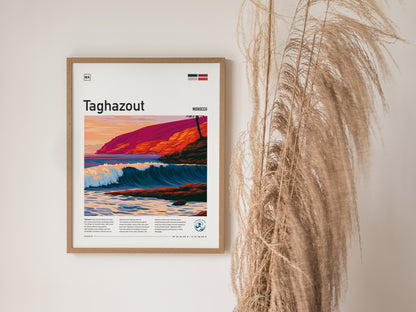 Taghazout, Morocco Poster | Sun-Kissed Surf Village Wall Art — styled in a modern interior