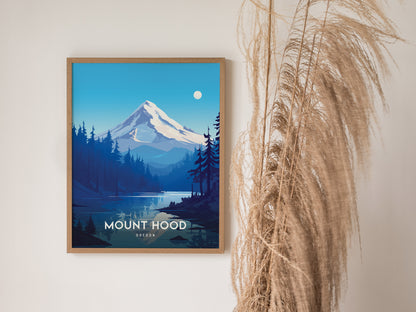 Framed Mount Hood poster depicting a snow-capped mountain with surrounding forest and lake, set against a bright blue sky. Pampas grass decorates the right side of the image.