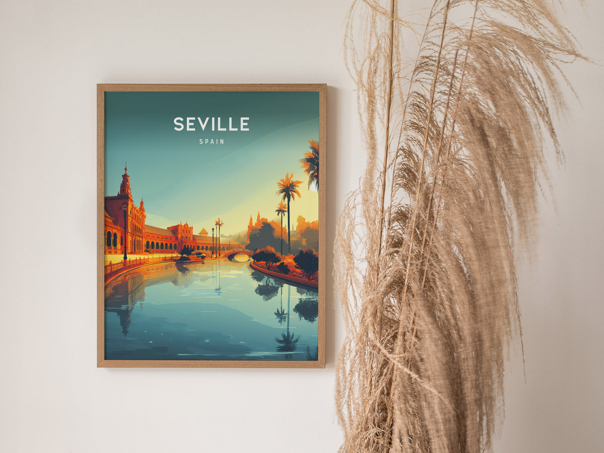 A framed poster titled Seville, Spain features a vibrant illustration of a picturesque canal scene with ornate buildings reflecting in the water, surrounded by lush palm trees and a serene twilight sky.