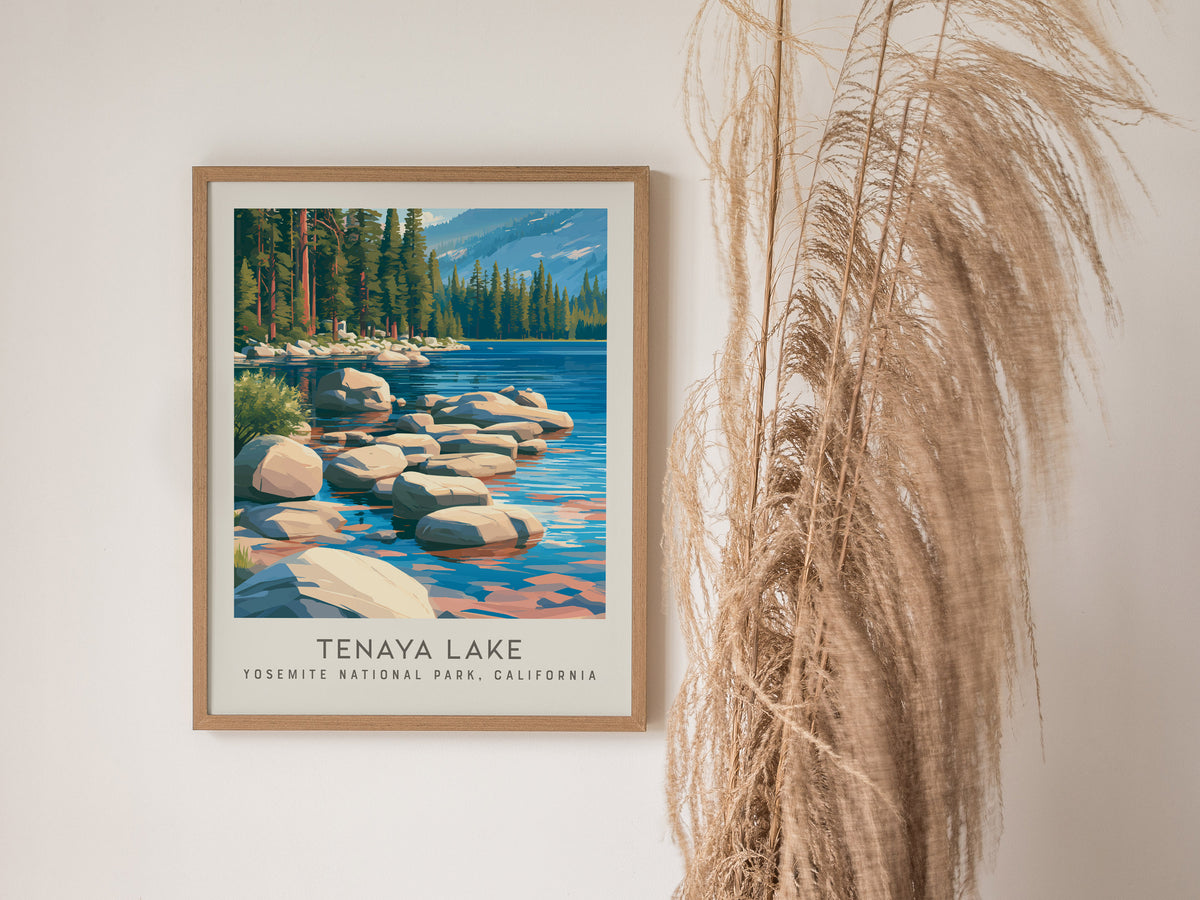 Tenaya Lake Matte Border Poster | Yosemite National Park, California Destination Print — styled in a modern interior