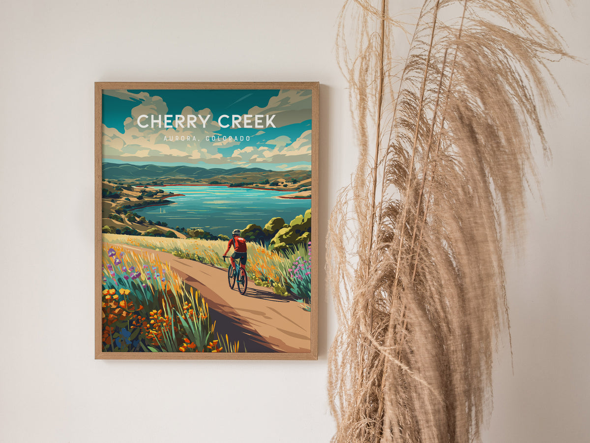 Cherry Creek, Aurora, Colorado Poster | Lakeside Retreat Framed or Unframed Wall Art — styled in a modern interior