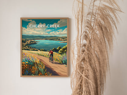 Cherry Creek, Aurora, Colorado Poster | Lakeside Retreat Framed or Unframed Wall Art — styled in a modern interior