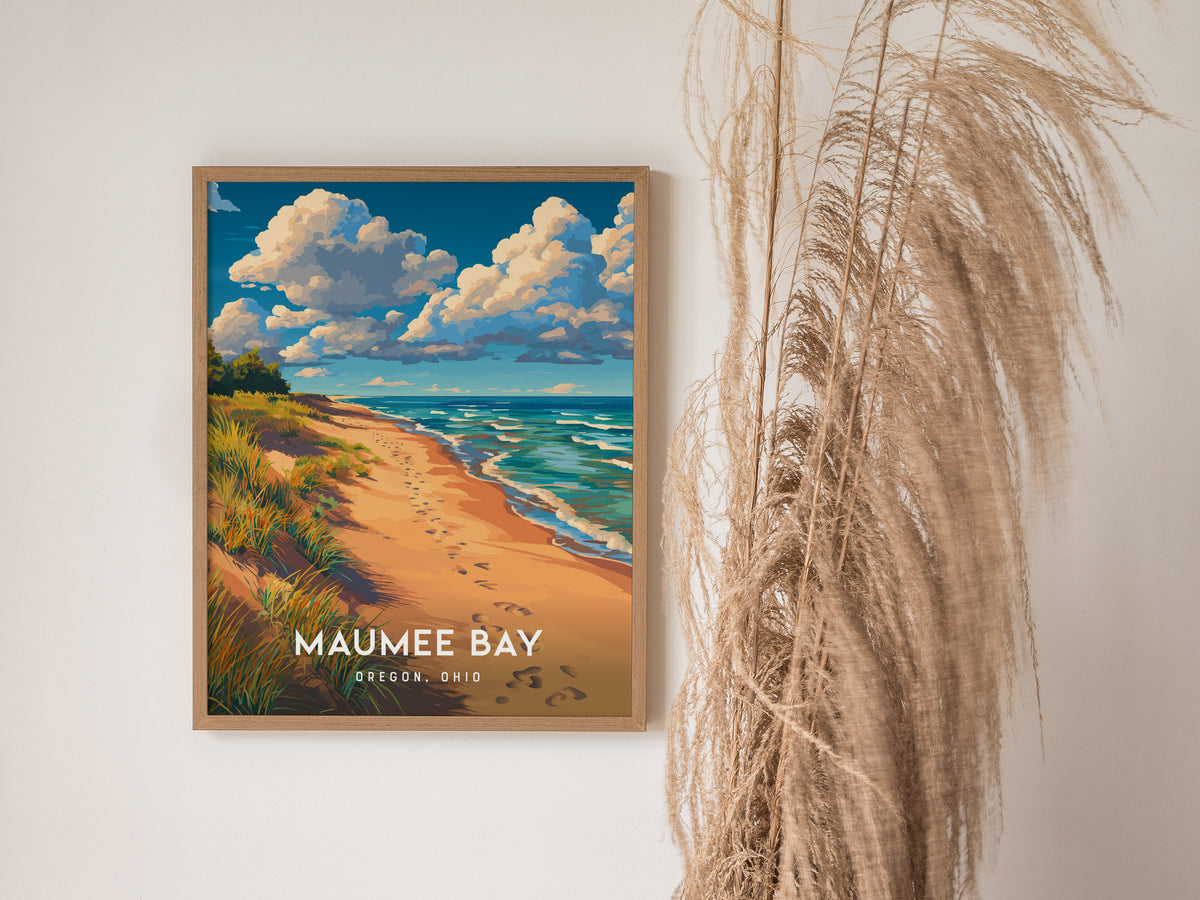 Maumee Bay, Oregon, Ohio Poster | Lakeside Marshland Sunset Wall Art — styled in a modern interior