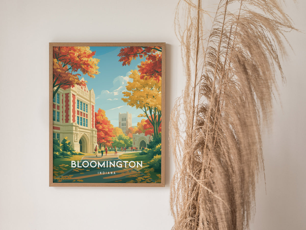 Bloomington, Indiana Poster | College Town Charm Travel Gift Wall Art — styled in a modern interior