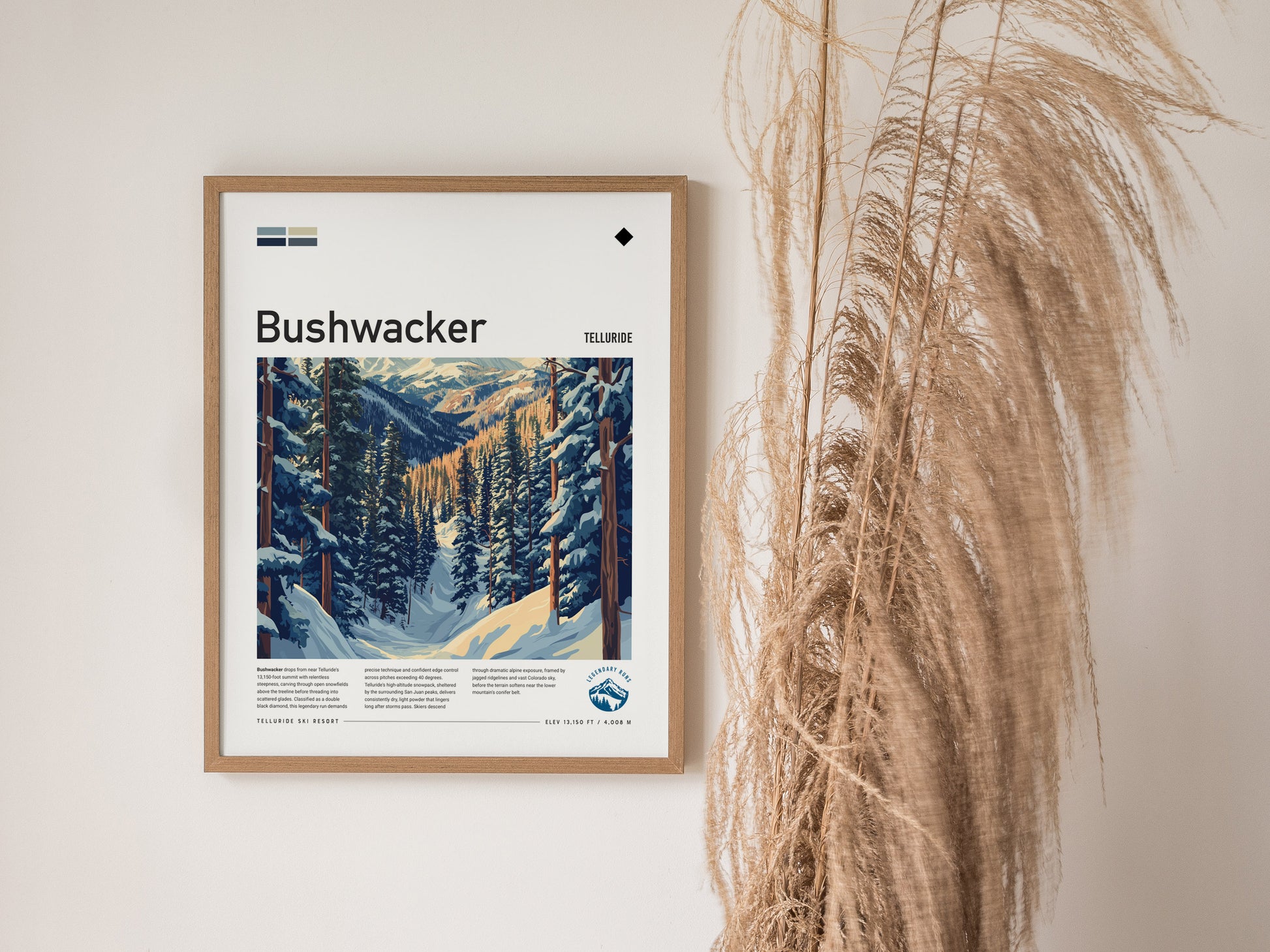 Bushwacker, Telluride Poster | Bold Ski Run Mountain Wall Art — styled in a modern interior