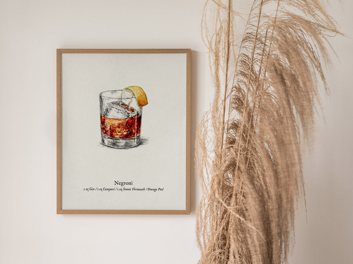 Negroni Poster | Vintage Cocktail Scientific Illustration Wall Art — styled in a modern interior